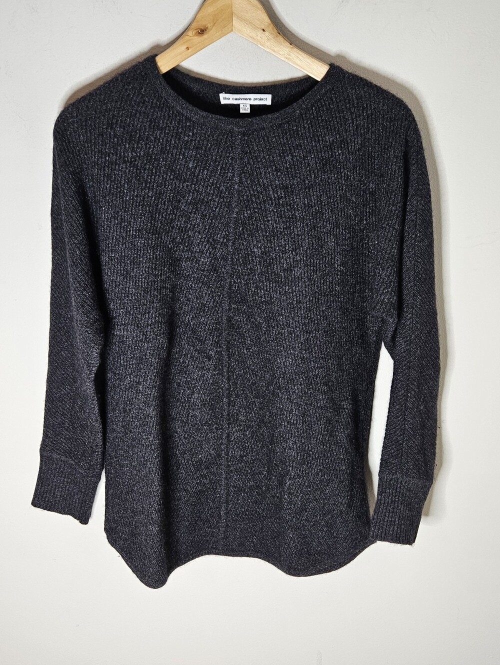 The Cashmere Project Sweater Diagonal Ribbed Crewneck Heathered Gray Black XS